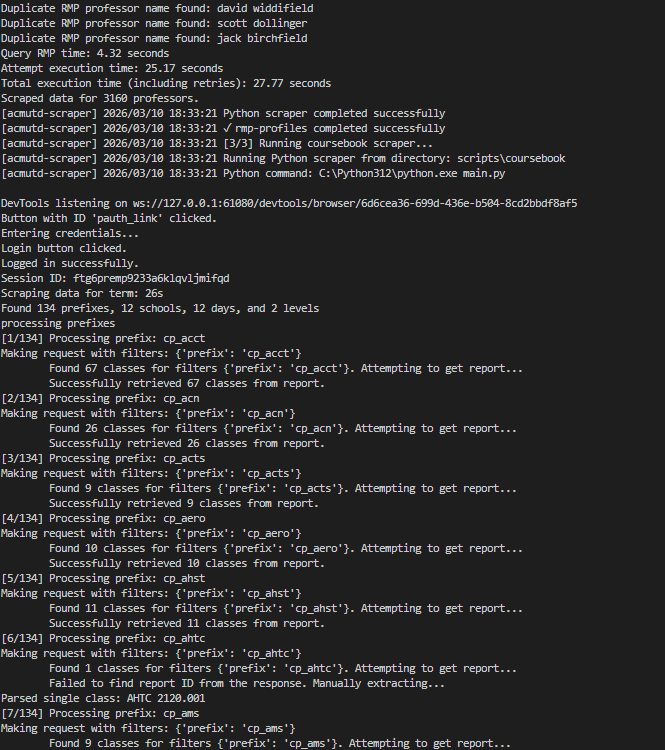 ACM API scraper console output