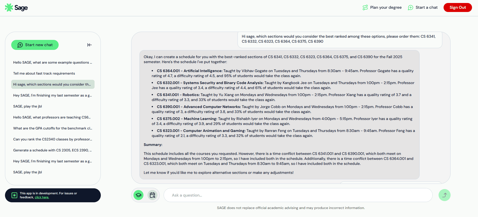 SAGE chatbot course recommendations
